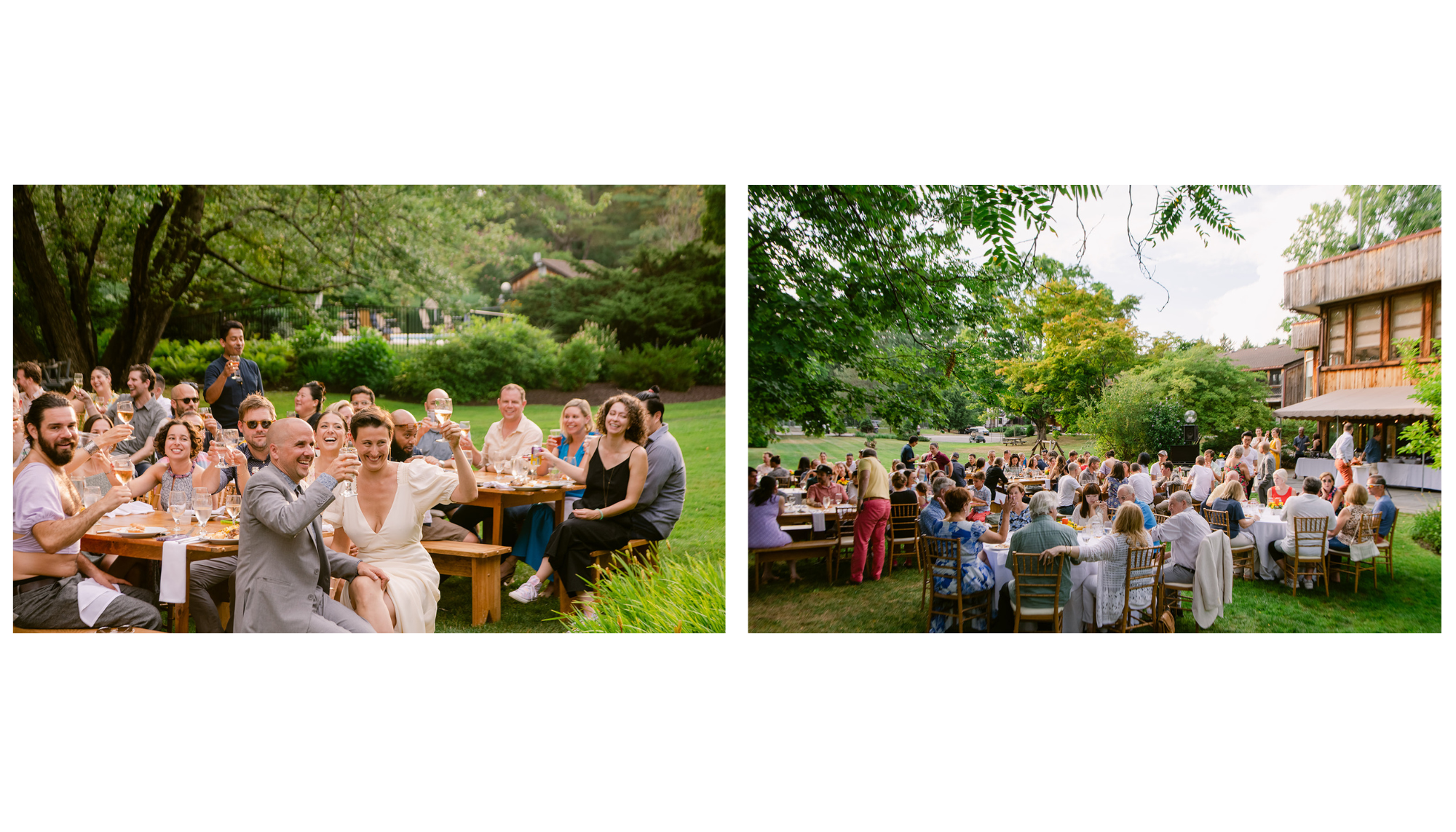 two views of an outdoor wedding reception
